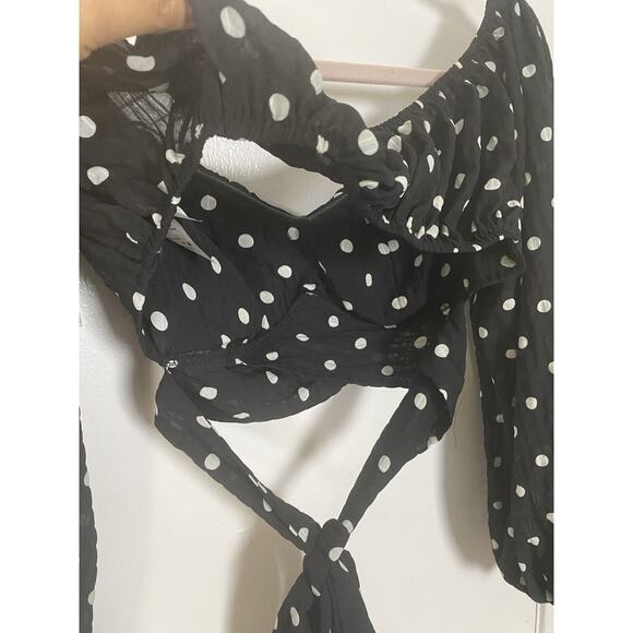 Kaylee Collection Black Polkadot Off Shoulder Long Sleeves Tube Top Tie Front S - Picture 4 of 10